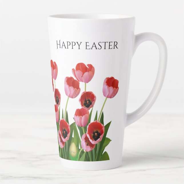 "Happy Easter" Pink Tulips Floral Photography Latte Mug (Right)