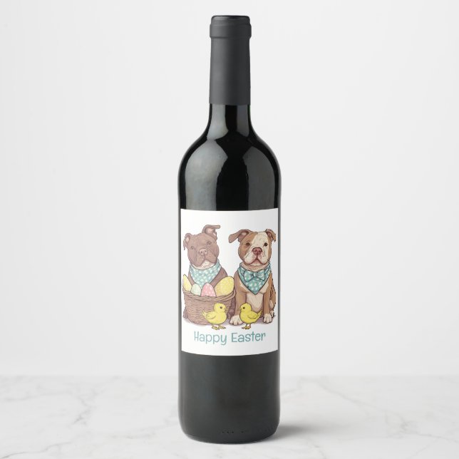 Happy Easter Pit Bull Dogs Wine Label (Front)