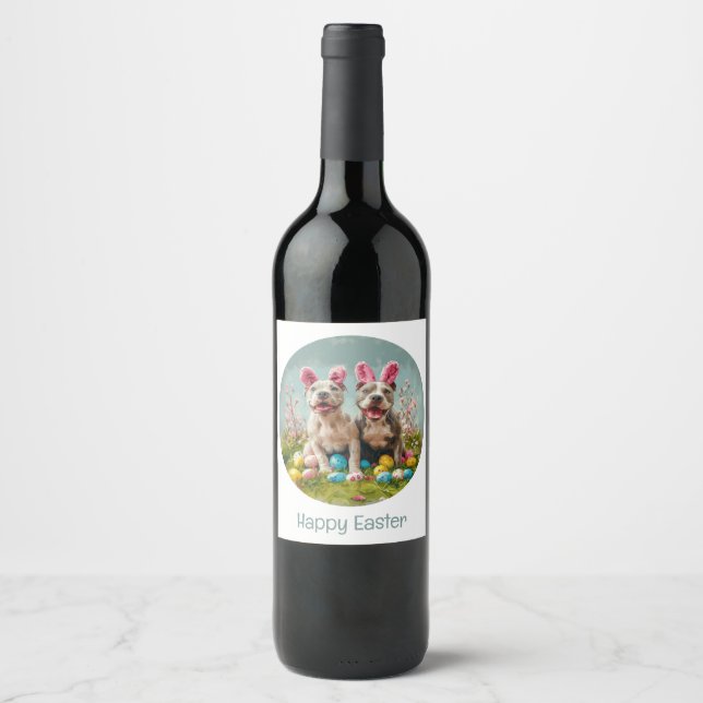 Happy Easter Pit Bull Dogs Wine Label (Front)