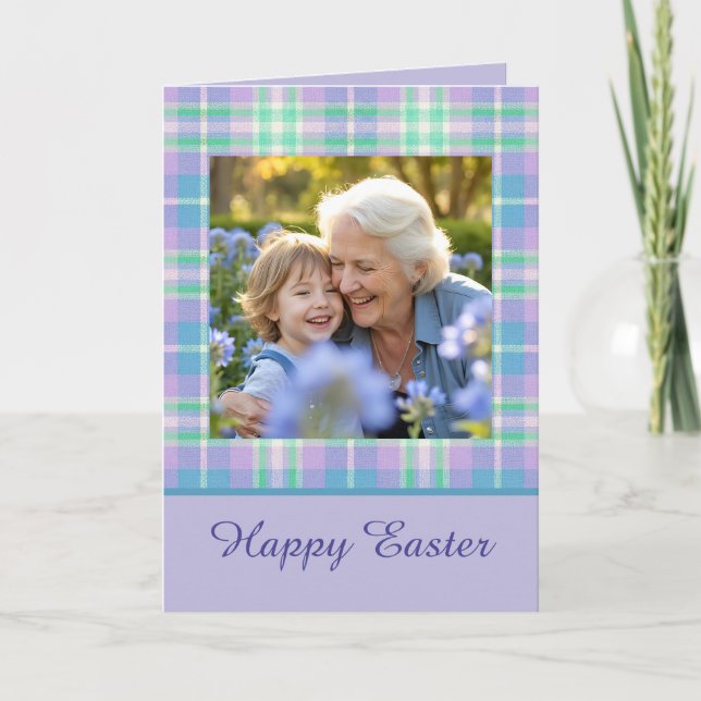 Happy Easter Plaid One Photo Purple Blue Pastel Card (Front)