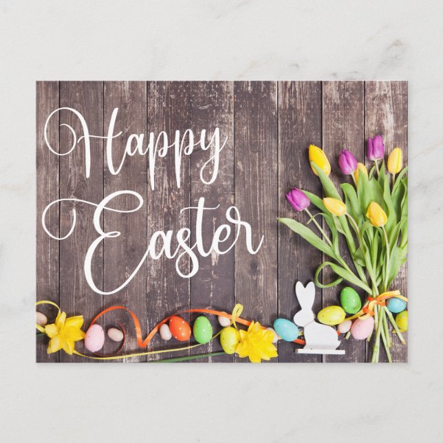 Happy Easter Postcard Wood Background Flowers (Front)