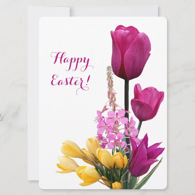 Happy Easter pretty pink tulips yellow crocus fun Holiday Card (Front)