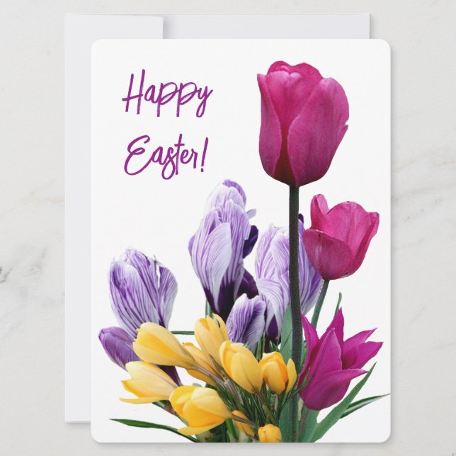 Happy Easter pretty pink tulips yellow floral love Holiday Card (Front)