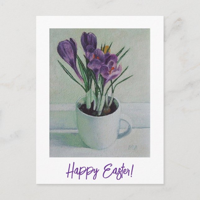 Happy Easter pretty purple crocus floral fine art  Postcard (Front)