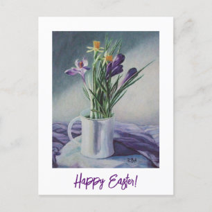 Happy Easter pretty purple crocuses in a cup art  Postcard