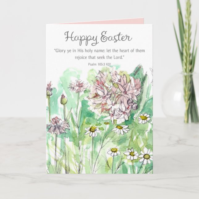 Happy Easter Psalm 105 Scripture Pink Flowers Card (Front)