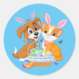 Happy Easter Puppy and Kitten Classic Round Sticker