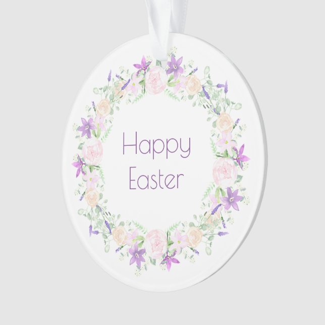 Happy Easter Purple and White Flowers Ornament (Front)