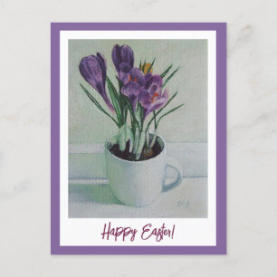 Happy Easter purple crocuses vintage fine art Postcard