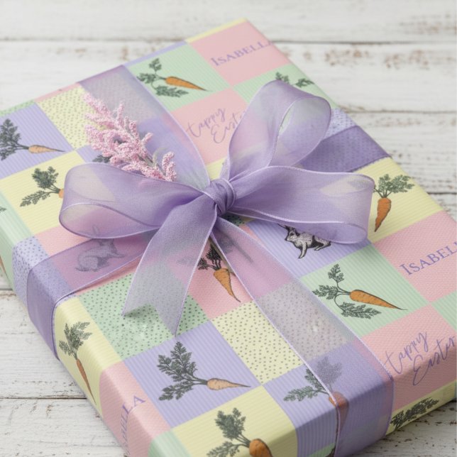 Happy Easter Rabbit & Carrot Squares Wrapping Paper (Happy Easter Wrapping Paper for Her. Colorful Pastel Purple Rabbit & Carrot Veggies Illustration)