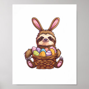 Happy Easter Rabbit Easter Eggs Basket Sloth Easte Poster