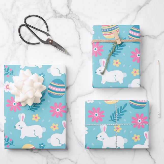 Happy Easter Rabbit Floral Wrapping Paper Sheet (Front)