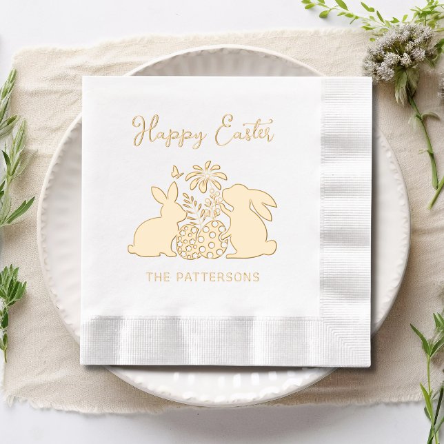 Happy Easter Rabbit Flowers Eggs Personalized Name Foil Napkins (Creator Uploaded)