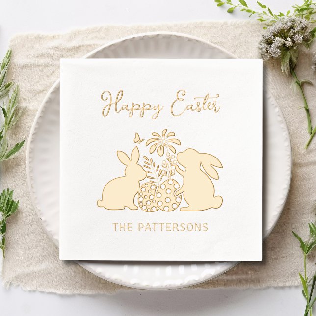 Happy Easter Rabbit Flowers Eggs Personalized Name Foil Napkins (Creator Uploaded)
