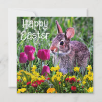 Happy Easter Rabbit Spring Flowers Holiday Card
