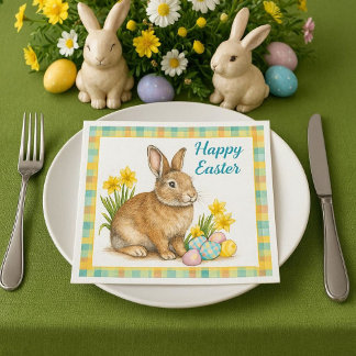 Happy Easter Rabbit Spring Plaid  Napkin