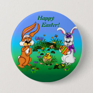 Happy Easter! Rabbit with Bunny and Chick 3 Inch Round Button