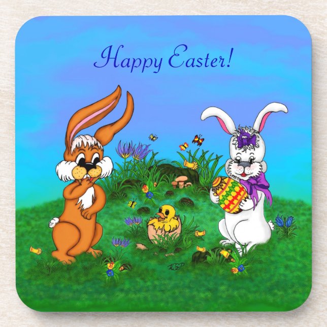 Happy Easter! Rabbit with Bunny and Chick Coaster (Front)