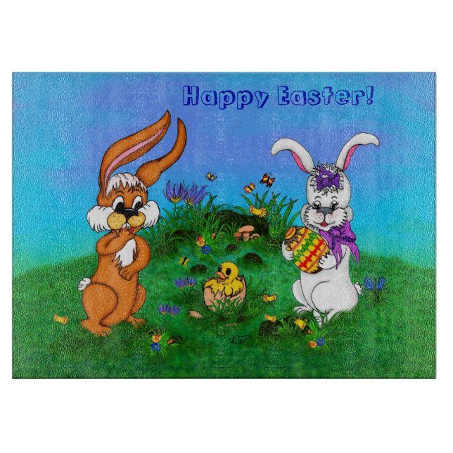 Happy Easter! Rabbit with Bunny and Chick Cutting Board (Front)