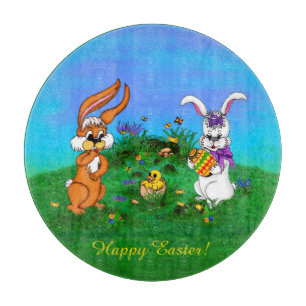 Happy Easter! Rabbit with Bunny and Chick Cutting Board