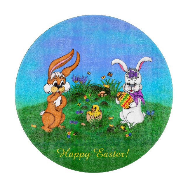 Happy Easter! Rabbit with Bunny and Chick Cutting Board (Front)