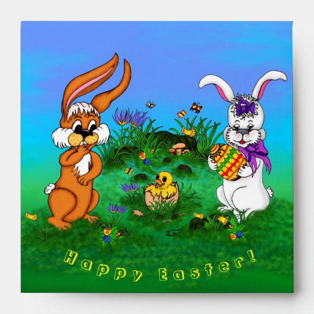Happy Easter! Rabbit with Bunny and Chick Envelopes (Front)