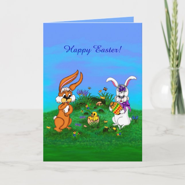 Happy Easter! Rabbit with Bunny and Chick Holiday Card (Front)