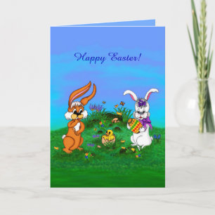 Happy Easter! Rabbit with Bunny and Chick Holiday Card