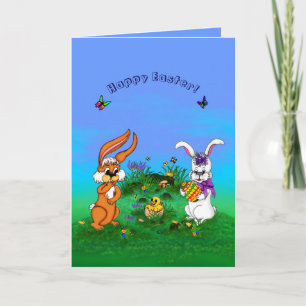 Happy Easter! Rabbit with Bunny and Chick Holiday Card