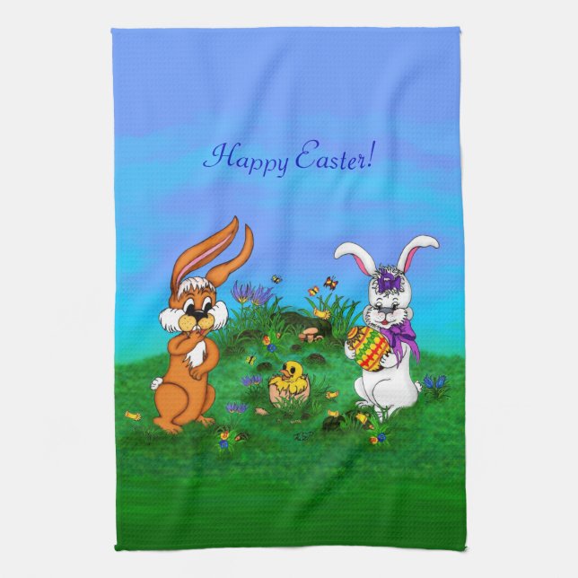 Happy Easter! Rabbit with Bunny and Chick Kitchen Towel (Vertical)