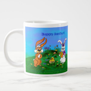 Happy Easter! Rabbit with Bunny and Chick Large Coffee Mug