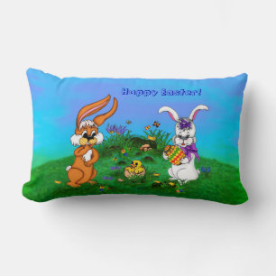 Happy Easter! Rabbit with Bunny and Chick Lumbar Pillow