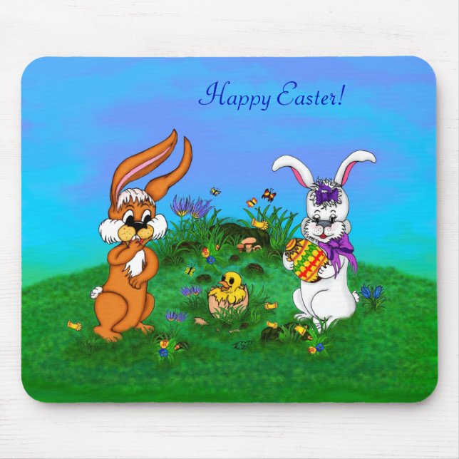 Happy Easter! Rabbit with Bunny and Chick Mouse Pad (Front)