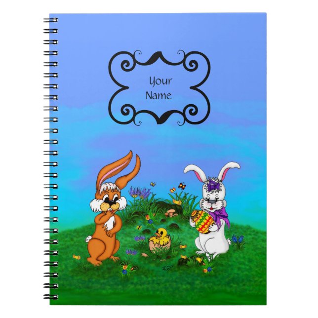 Happy Easter! Rabbit with Bunny and Chick Notebook (Front)