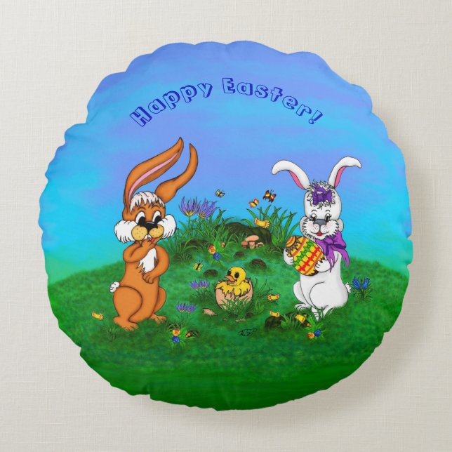 Happy Easter! Rabbit with Bunny and Chick Round Pillow (Front)