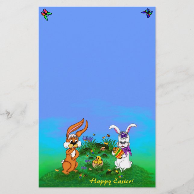 Happy Easter! Rabbit with Bunny and Chick Stationery (Front)