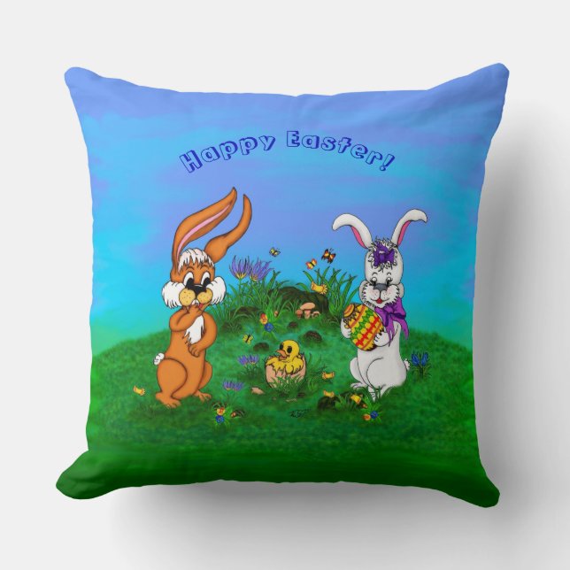 Happy Easter! Rabbit with Bunny and Chick Throw Pillow (Front)