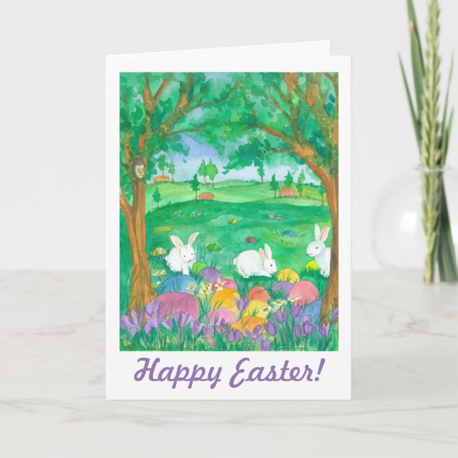 Happy Easter Rabbits Eggs Crocus Flowers Holiday Card (Front)
