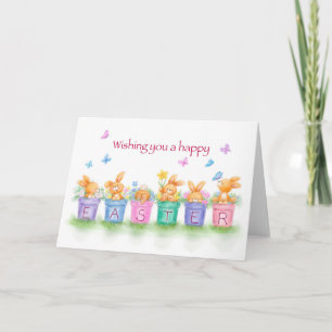 Happy Easter, rabbits in flower pots with flowers Card