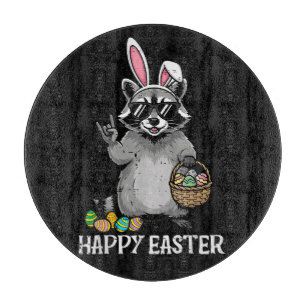 Happy Easter Raccoon Bunny Cutting Board
