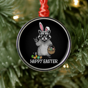 Happy Easter Raccoon Bunny Metal Ornament