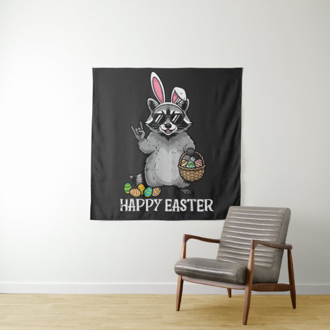 Happy Easter Raccoon Bunny Tapestry (In Situ)