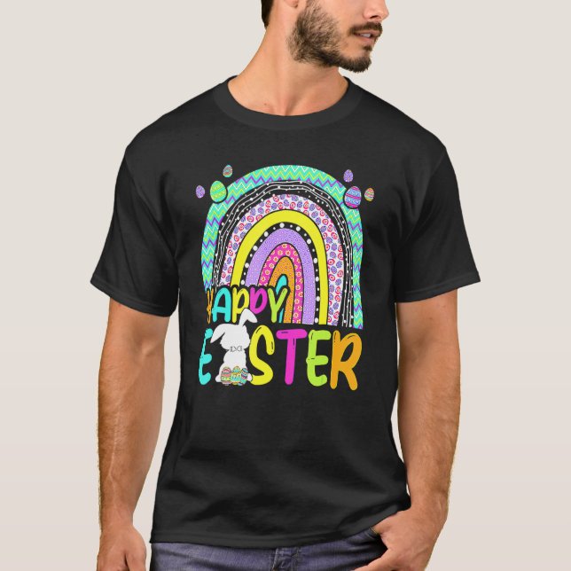 Happy Easter Rainbow Bunny Rabbit Egg Hunting Bask T-Shirt (Front)