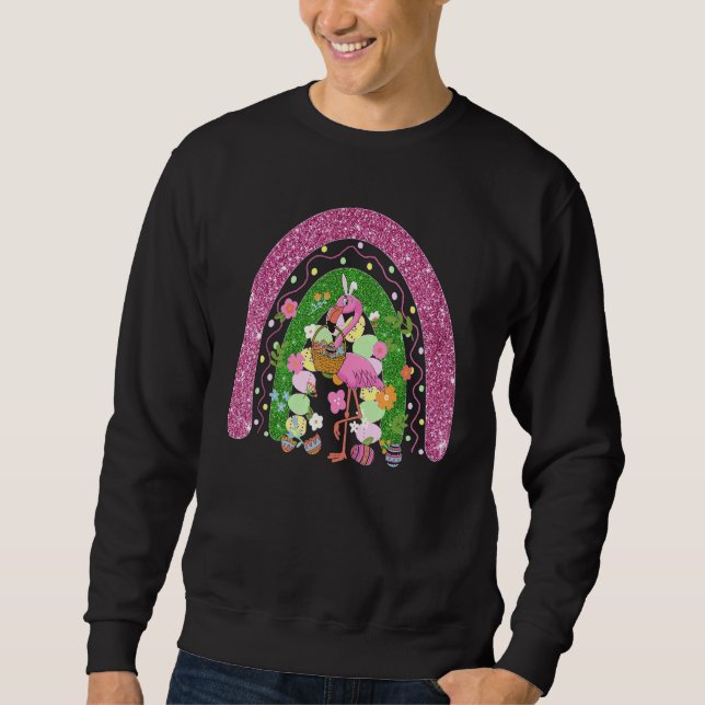 Happy Easter Rainbow Flamingo With Easter Egg Bask Sweatshirt (Front)