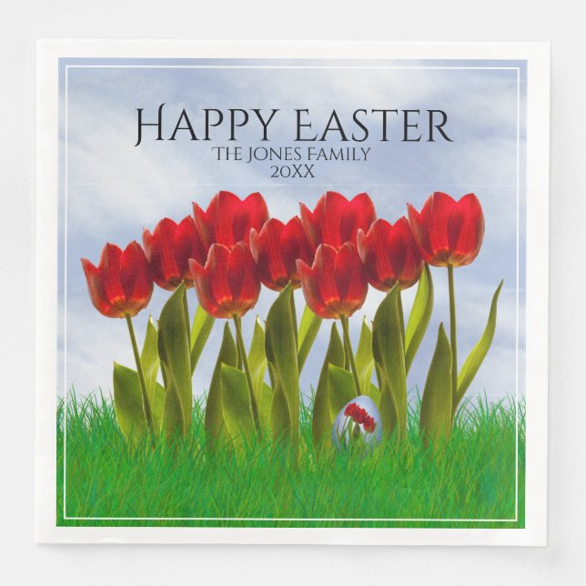 Happy Easter: Red Tulips Floral Photography Egg Napkin (Front)
