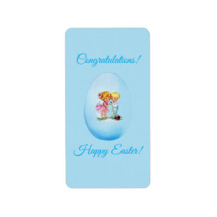 Happy Easter!  Retro postcard, Easter egg, girl an Label