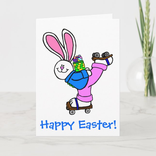 Happy Easter Roller Skating Bunny with eggs Holiday Card (Front)