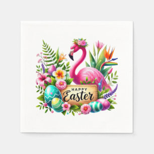 Happy Easter rooster pink flamingo beach  Paper Napkin