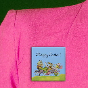 Happy Easter Running Pastel Rabbits 2 Inch Square Button