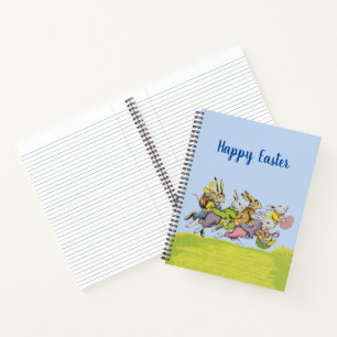 Happy Easter Running Rabbits Eggs Baskets Grass Notebook